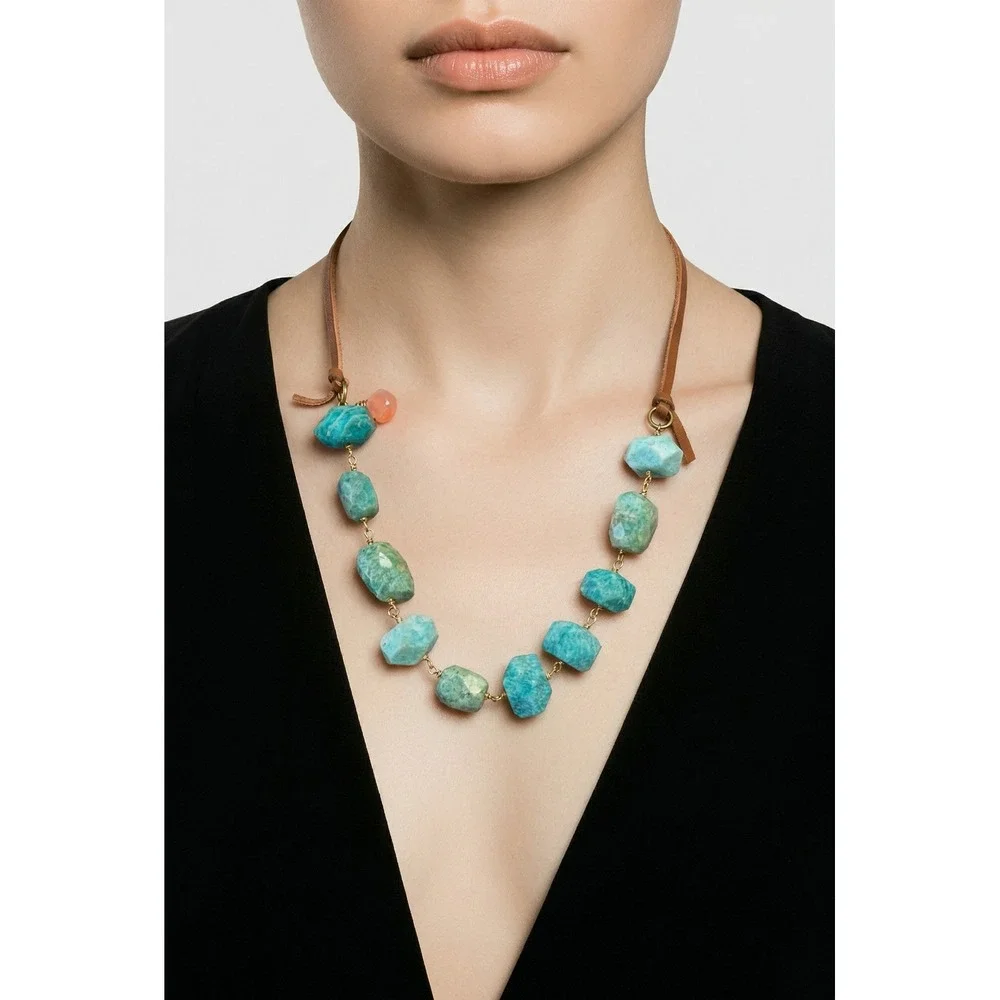 Large Chunky Faceted‎ Amazonite Polished Bead Statement Necklace Adjustable EUC